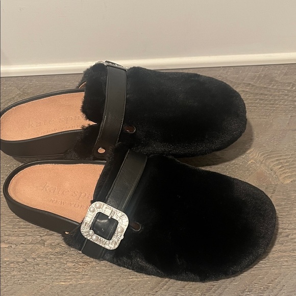 kate spade Shoes - Kate Spade Cici Faux Fur Mules with Embellished Buckle NWOT Size 8